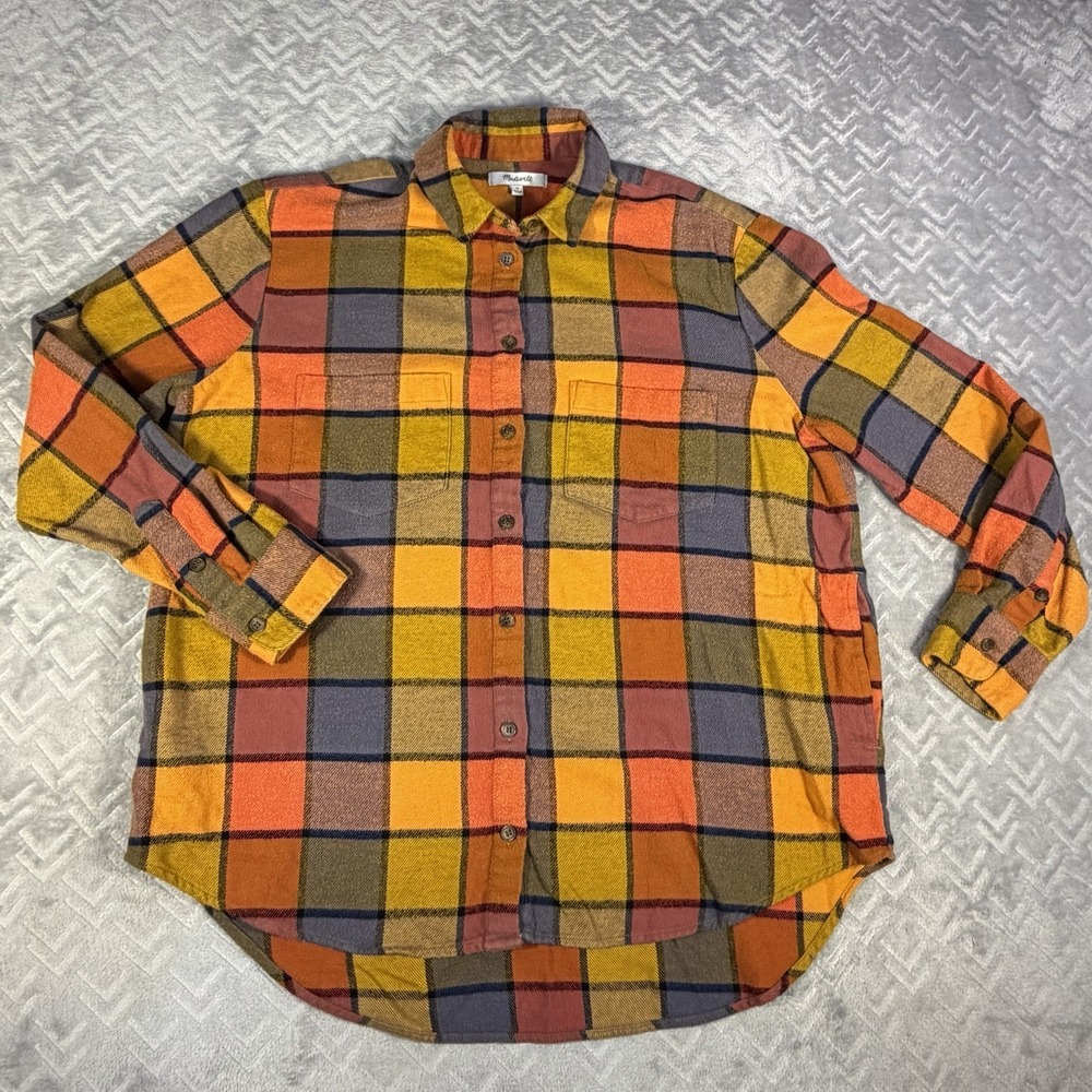 Madewell Flannel Sunday Shirt Medium Emmy Plaid Orange Blue Oversized Shacket
